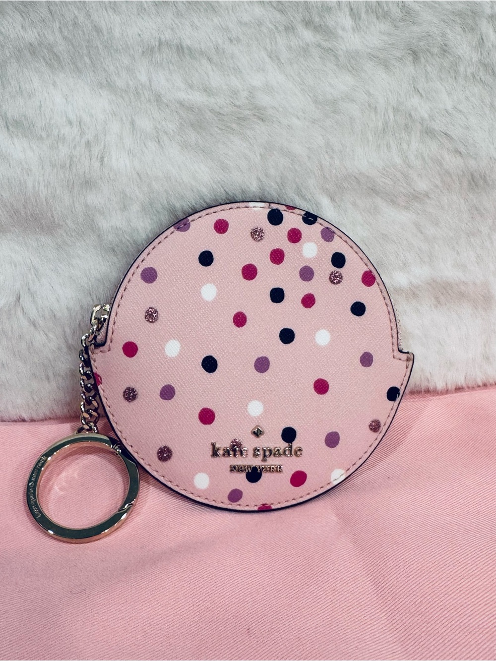 💕 Kate Spade Pink Polka Dot Round coin purse with keychain NEW glitter dot